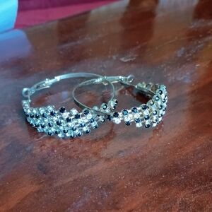 Elegant Black Rhinestones and Silver Hoop Earrings
